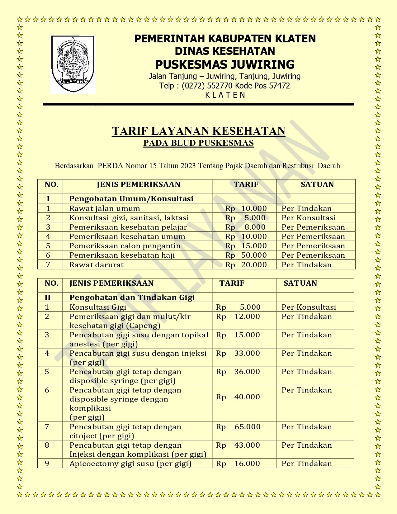 TARIF LAYANAN PUSKESMAS JUWIRING