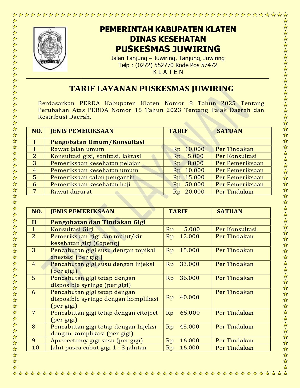 TARIF LAYANAN PUSKESMAS JUWIRING